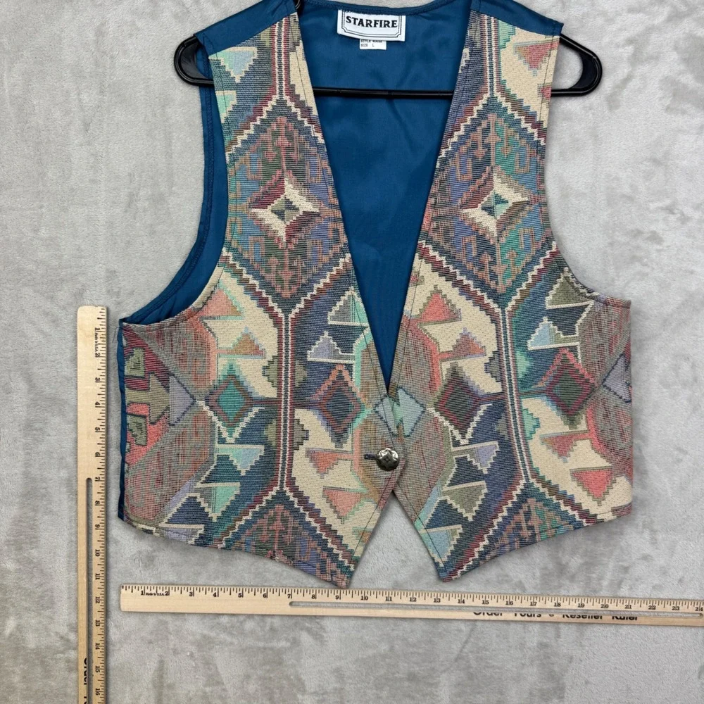 ⁠Vintage 90s Starfire Womens L Tapestry Vest Southwestern Aztec Woven BOHO USA